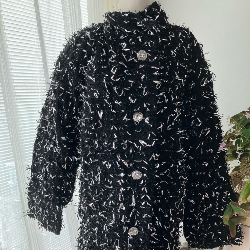 Chic Black and White Textured Teddy Jacket